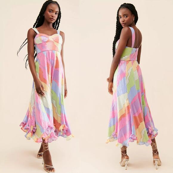 Hutch Dress Anthropologie Pastel Multicolor Sequined‎ Bustier Maxi Dress Size 8 - Picture 1 of 13